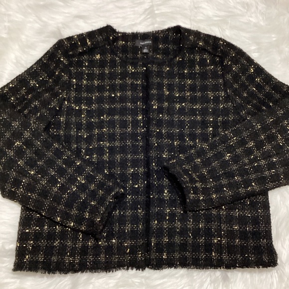 Halogen Women’s Black with Gold Thread Plaid Open Tweed Blazer with Fringes - Picture 5 of 5
